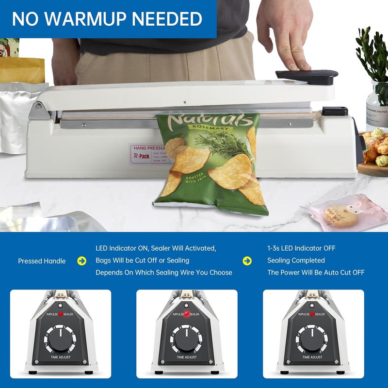 R-PACK Impulse Heat Sealer with Seal bar, Heavy-Duty Bag Sealing & Cutting Machine, 2 Extra Replacements (white, 12inch) - Image 5
